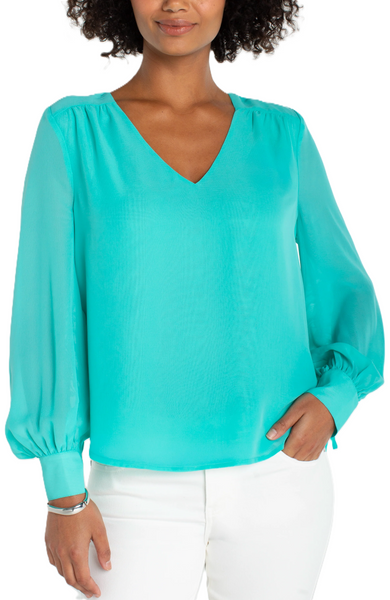 Liverpool Long Sleeve Waterfall Teal Woven With Tie Sleeve Blouse