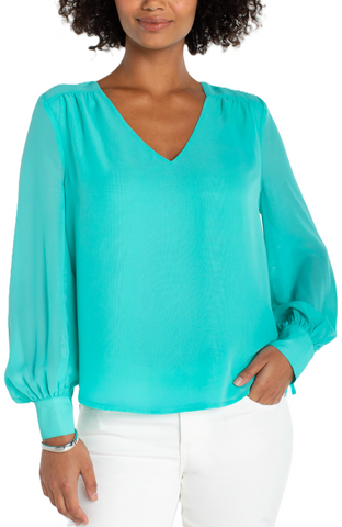 Liverpool Long Sleeve Waterfall Teal Woven With Tie Sleeve Blouse