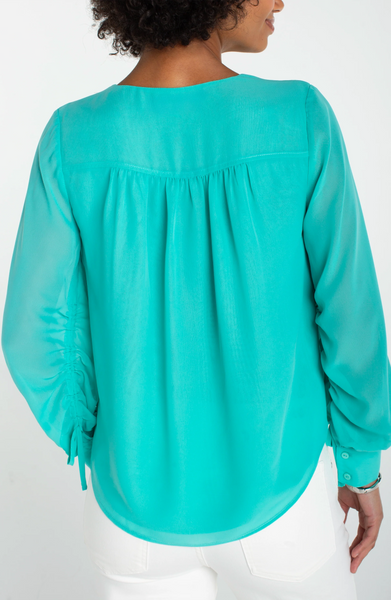 Liverpool Long Sleeve Waterfall Teal Woven With Tie Sleeve Blouse