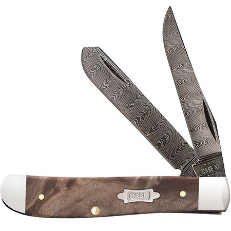 Case Natural Maple Burl Wood Damascus Mini Trapper - Andy Thornal