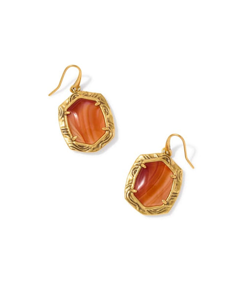 Kendra Scott Daphne Vintage Tiger Striped Orange Banded Agate Drop Gold Earrings