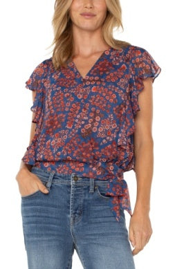 Liverpool Short Ruffle Sleeve Draped Front Woven Blouse / Floral