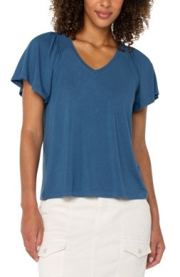 Liverpool Short Flutter V Neck Knit Top / French Blue