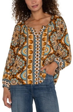 Liverpool Long Sleeve Button Front Woven Blouse / Ocean Jasper