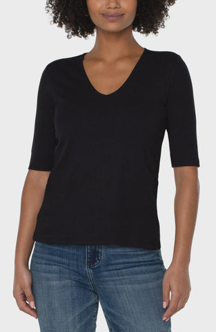 Liverpool V Neck Rib Knit Top / Black