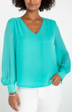 Liverpool Long Sleeve Waterfall Teal Woven With Tie Sleeve Blouse