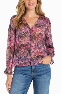 Liverpool Long Sleeve Button Front w/ Smocking Woven StarburstTop