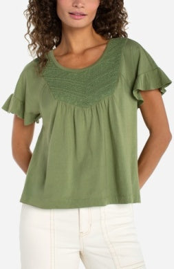 Liverpool Women's Flutter Woven to Knit Embelished Top / Juniper Green