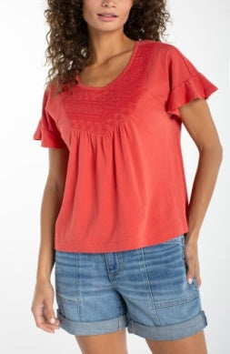 Liverpool Women's Flutter Woven To Knit Embellished Top / Red Clay