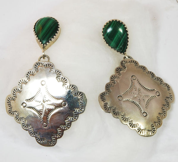 Hand Hammered, Signed Sterling And Malachite Earrings