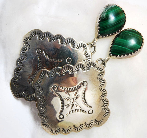 Hand Hammered, Signed Sterling And Malachite Earrings