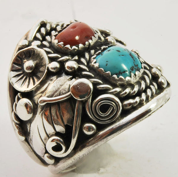 Native American Handmade Sterling Turquoise And Coral Ring