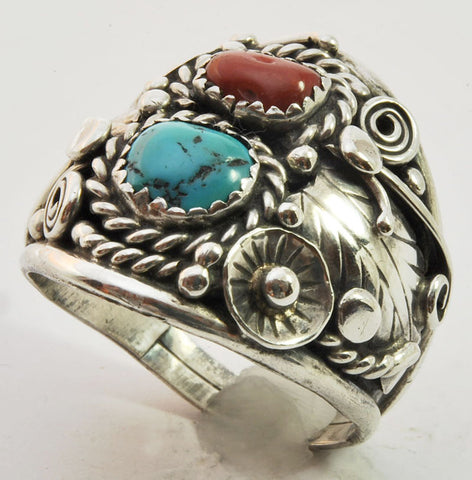 Native American Handmade Sterling Turquoise And Coral Ring