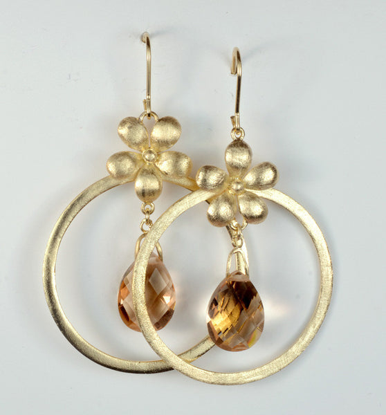 Brushed Circle with Yellow Crystal Teardrop Earring