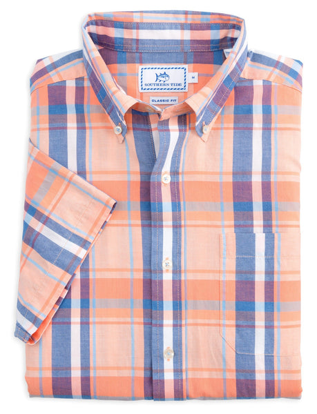 Southern Tide Men's South Lake Plaid SS Sportshirt/Fusion Coral