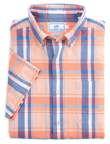 Southern Tide Men's South Lake Plaid SS Sportshirt/Fusion Coral