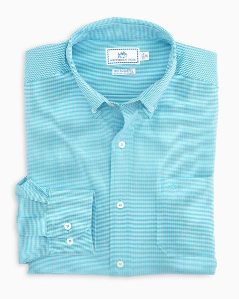 Southern Tide Men's Brrr Micro Tattersall LS Intercoastal Sport Shirt/Aegean Blue
