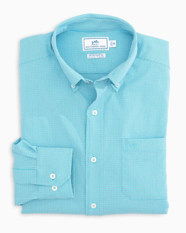 Southern Tide Men's Brrr Micro Tattersall LS Intercoastal Sport Shirt/Aegean Blue