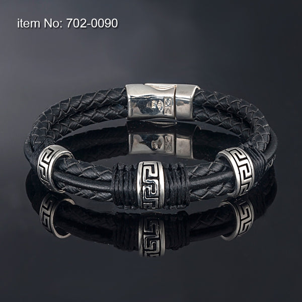 Axion Sterling Silver/Leather w Greek Key Motif Brown Bracelet