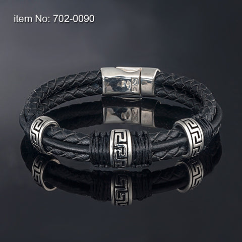 Axion Sterling Silver/Leather w Greek Key Motif Brown Bracelet