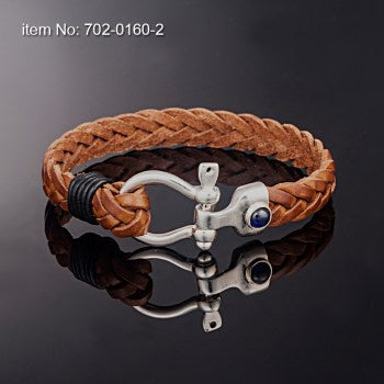 Axion Sterling Silver with sailor key Genuine Braided Leather Tan Bracelet