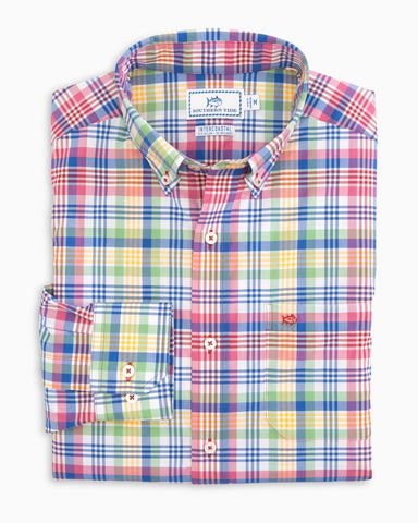 Southern Tide Men's Overhaul Madras LS Intercoastal Sport Shirt/True Red