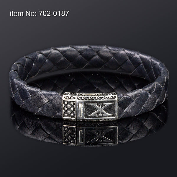 Axion Sterling silver with Axion Motif Genuine braided black leather Bracelet