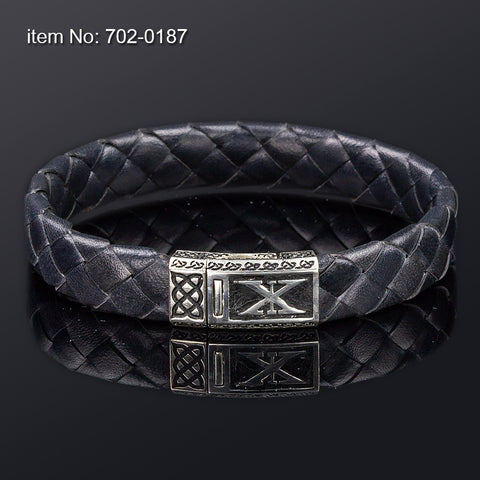 Axion Sterling silver with Axion Motif Genuine braided black leather Bracelet