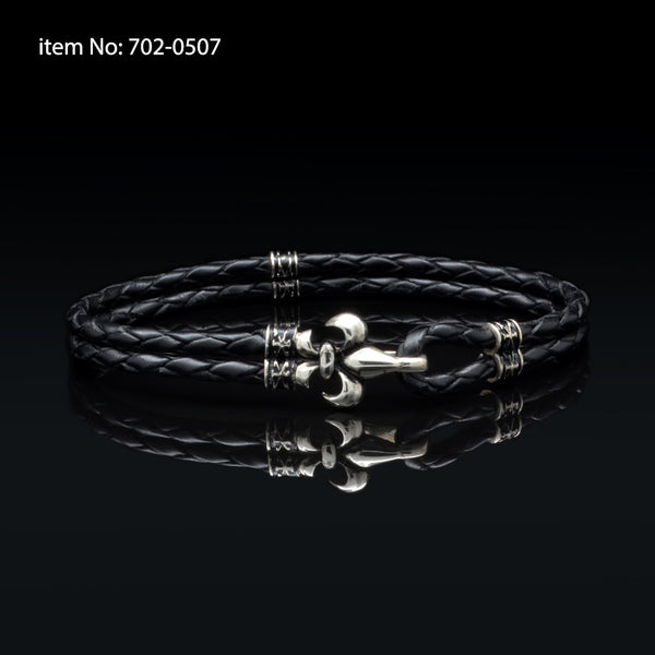 Axion Sterling Silver Fleur-de-lis and black braided genuine leather Bracelet