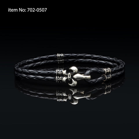Axion Sterling Silver Fleur-de-lis and black braided genuine leather Bracelet