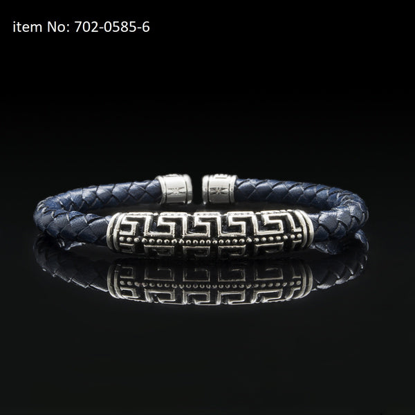 Axion Sterling Silver Braided Leather Double Greek Key Motif Bracelet