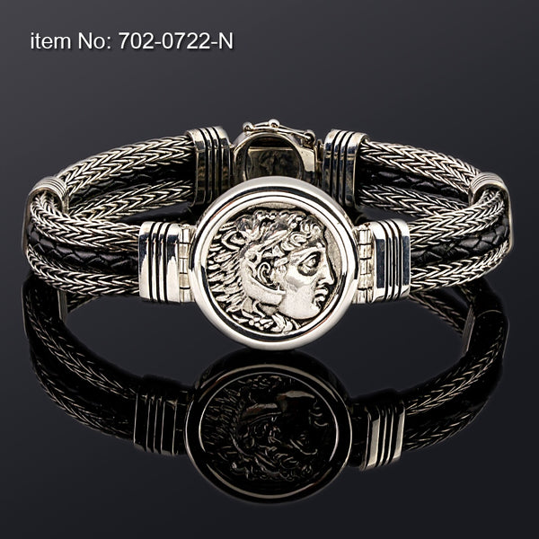 Axion Sterling Silver/Leather Coin Bracelet
