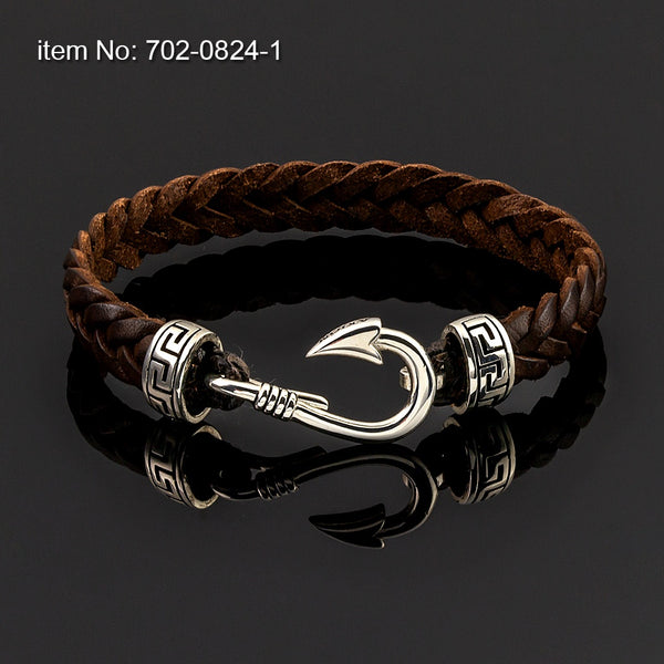 Axion Sterling Silver Hook with Greek Key Motifs and Genuine Brown Braided Leather Bracelet