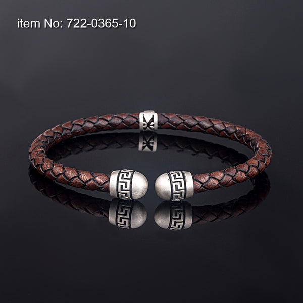 Axion Sterling Silver Greek Key Motif  Braided Genuine Leather Bracelet