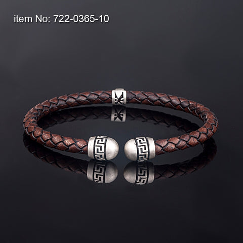 Axion Sterling Silver Greek Key Motif  Braided Genuine Leather Bracelet