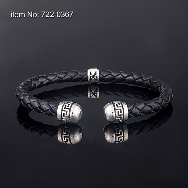 Axion Sterling Silver Greek Key Motif Braided Genuine Leather Bracelet
