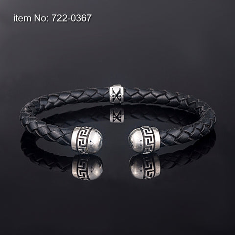 Axion Sterling Silver Greek Key Motif Braided Genuine Leather Bracelet