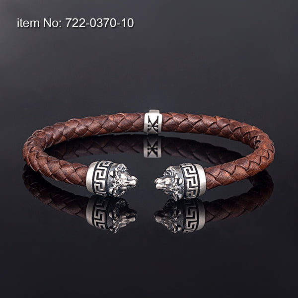 Axion Sterling Silver Lions Head Motif and Greek Key Motif, Braided Black Leather Bracelet