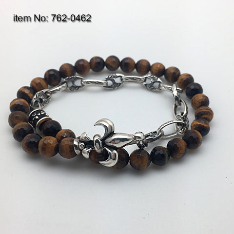 Axion Sterling Silver Fleur-de-lis Double Wrap w/ Chain w/ Tiger Eye Beads Bracelet