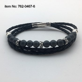 Axion Sterling Silver Design Double Wrap with Leather/Hematite Bead Bracelet