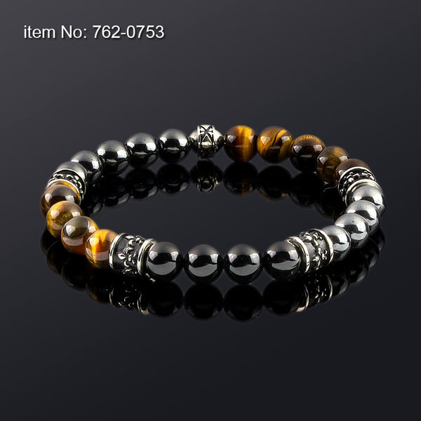 Axion Sterling Silver Fleurs de lis Motifs w/ Onyx, Hematite and Tiger Eye Beads Flexible Bracelet