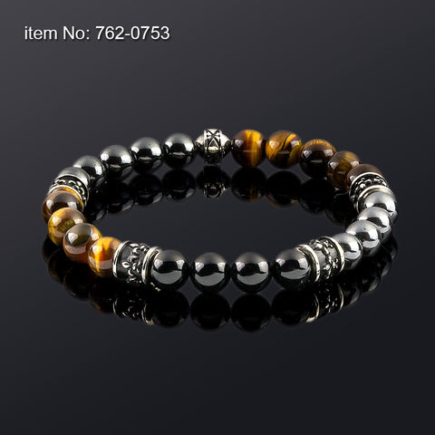 Axion Sterling Silver Fleurs de lis Motifs w/ Onyx, Hematite and Tiger Eye Beads Flexible Bracelet