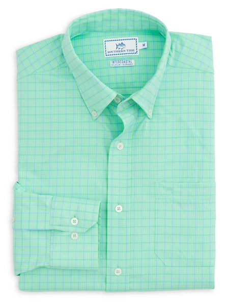 Southern Tide Men's Gorda Peak Check Intercoastal LS Performance Shirt/Seafoam Green