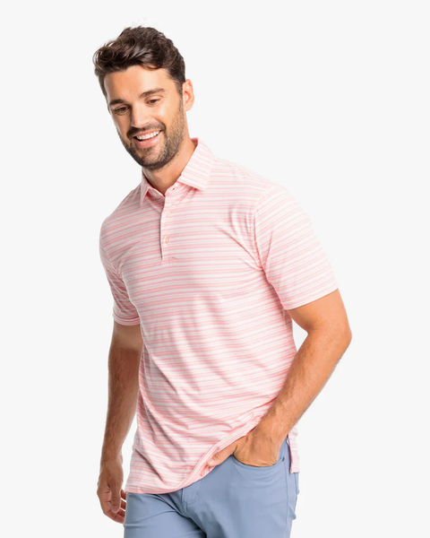 Southern Tide Men's Ryder Bombay Stripe Performance Polo / Heather Flamingo Pink
