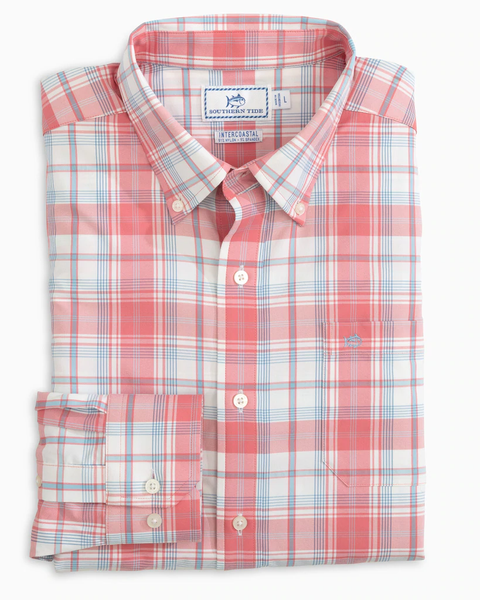 Southern Tide Men's Intercoastal Ormond Plaid Performance Sport Shirt / Rouge Red