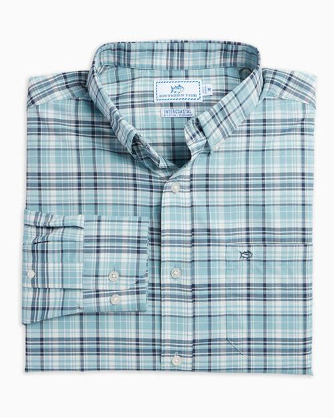 Southern Tide Men's Intercoastal Bermuda Plaid Performance Sport Shirt/ Stone Blue