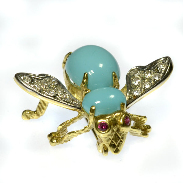 Turquoise, Diamond and Ruby Bee Pin