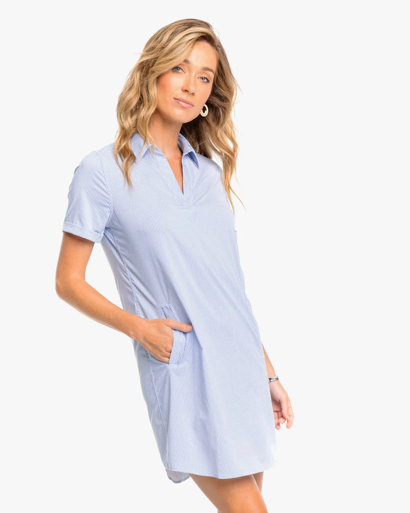 modern southern dresses Southern Tide Kamryn Brrr Intercoastal Stripe Dress / Cobalt Blue