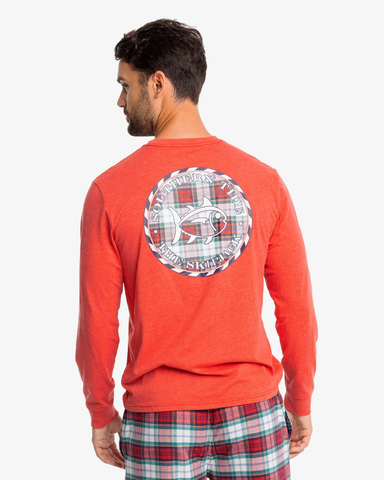 Southern Tide Men's LS Plaid Skipjack Medallion Tee / Heather Charleston Red