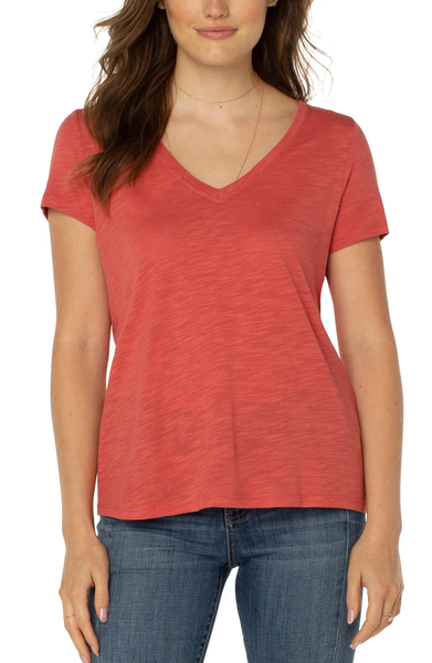 Liverpool Slim Fit V Neck Slub Coral Tee Shirt